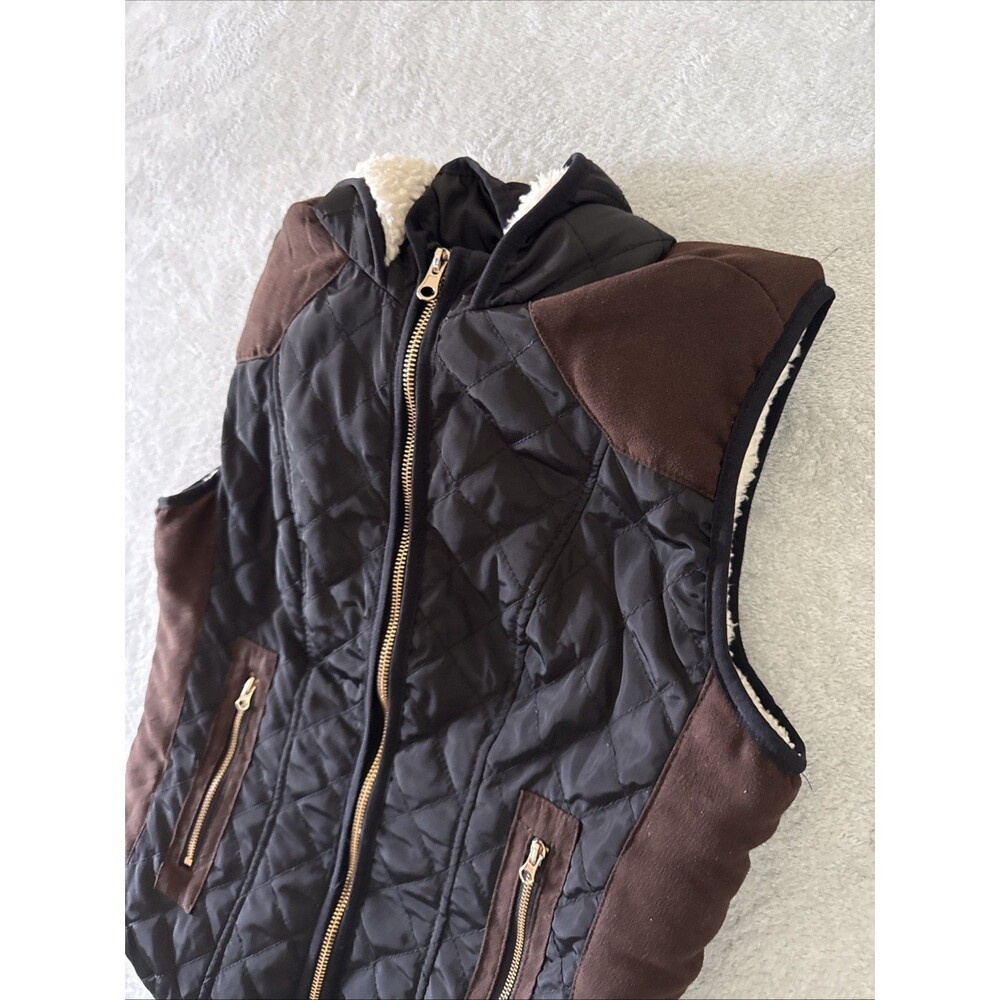 Padded Hooded Wind Resistant Cozy Zip Vest Black Cream Fleece Young Sz M Ci Sono - Picture 15 of 16